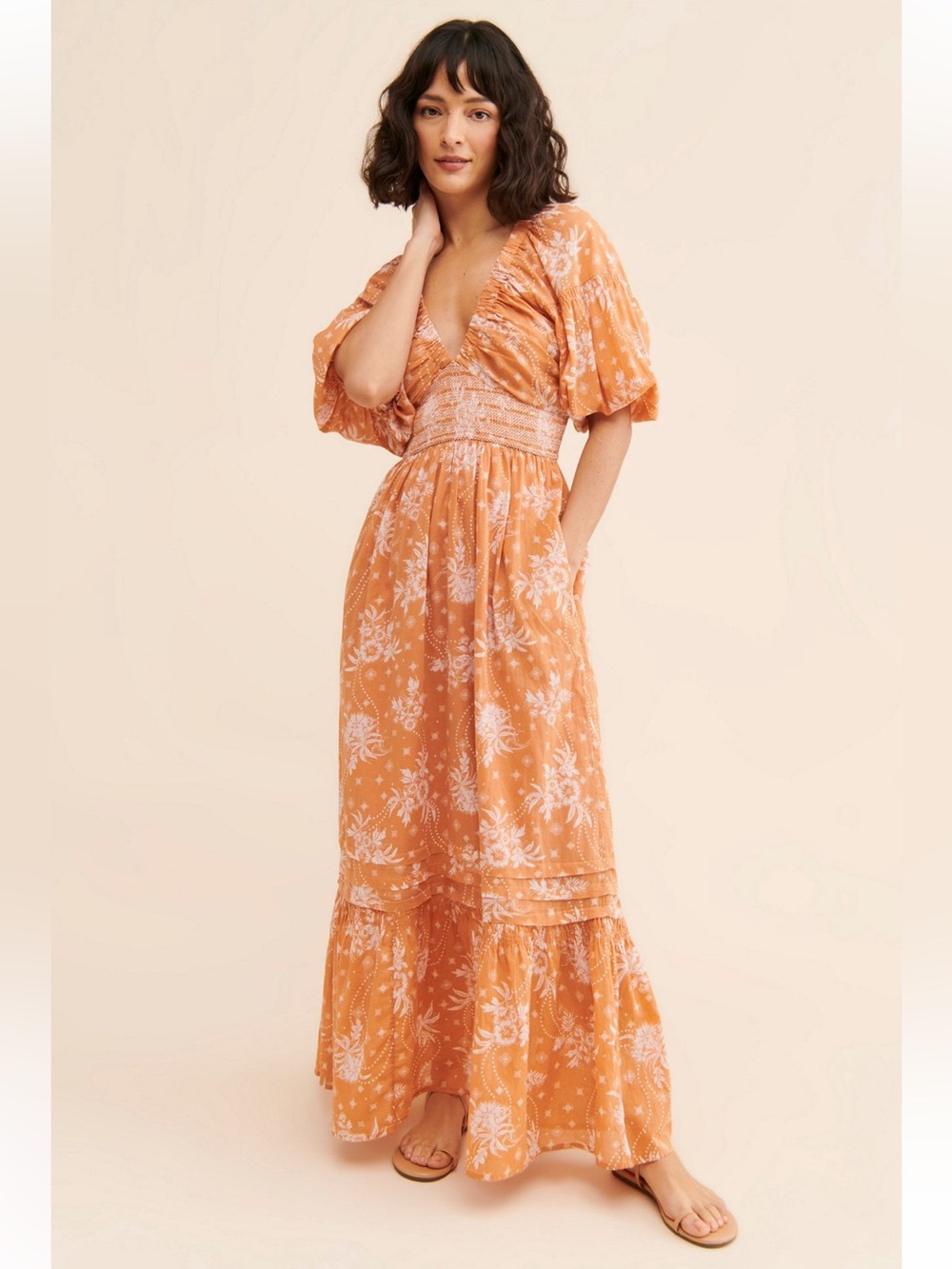 FREE PEOPLE Golden Hour Maxi Dress Smock Waist Ruffle Floral Printโจ